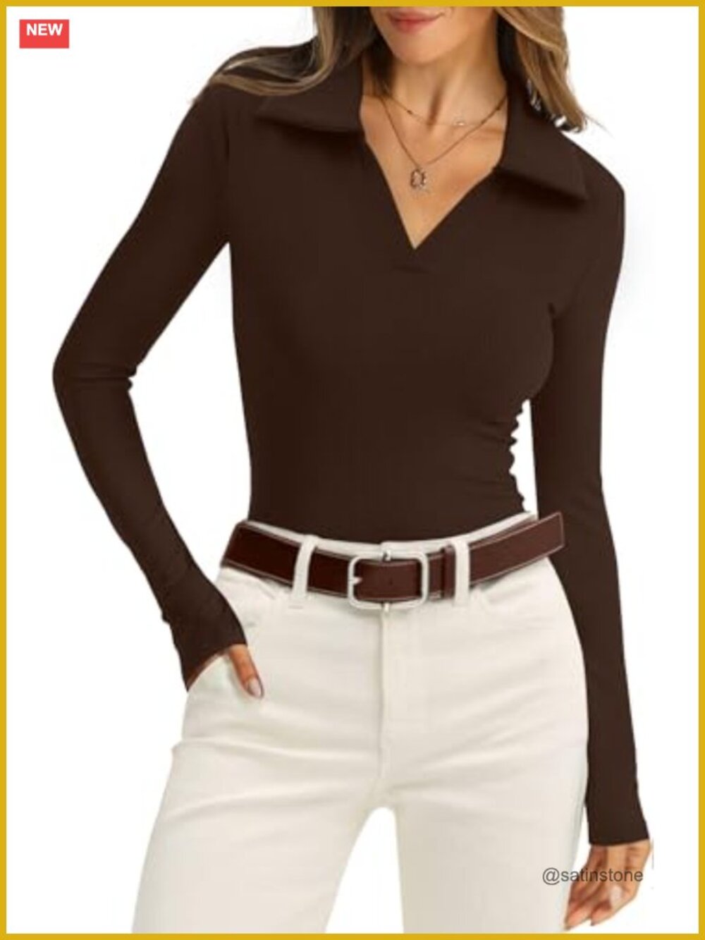 Long Sleeve Womens Polo Shirt V Neck Slim Fit Ribbed Knit Pullover